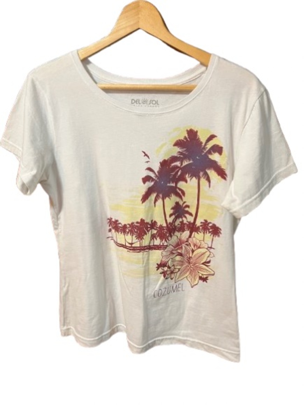 Del Sol Color Change Cozumel White Palm-Print Tee Shirt Size Large